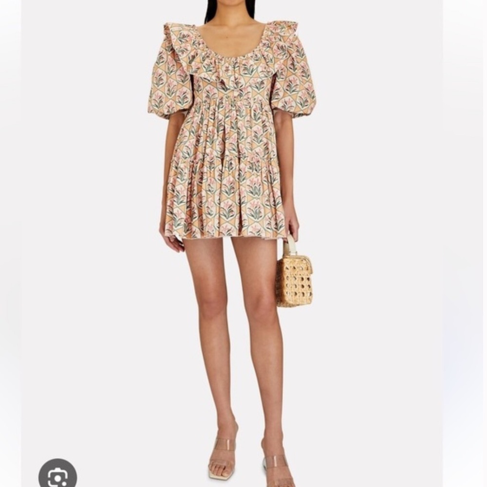 Agua by Agua Bendita Pink Floral Mini Dress with Green Accents